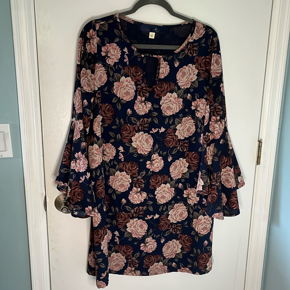Blue Rain size L bell sleeve dress. Length is 35”